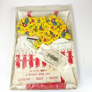 Vtg Parvin BBQ Set Apron Hat Mitt Cow Bull Print Lot-A-Bull Chefs Gift Cooking